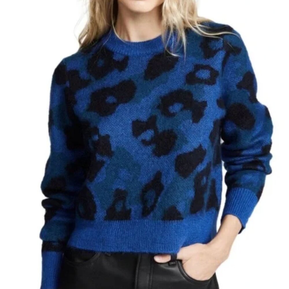 Rag & Bone Blue and Black Mohair Wool Leopard Print Crewneck Sweater